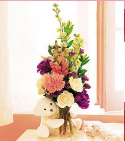 Baby Gifts of Flowers, Floral Vase with Stuffed Bear Jamaica